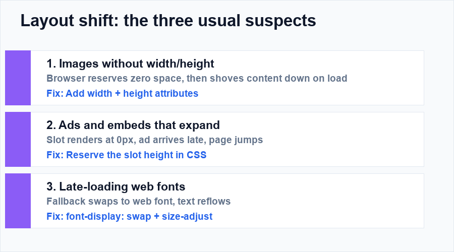 The three usual causes of layout shift with their fixes