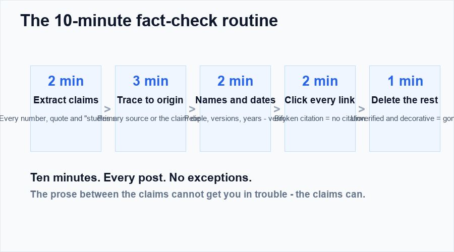 Flow diagram of the ten minute fact check routine in five timed steps